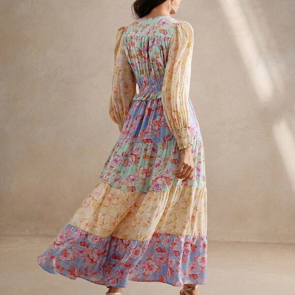 Blue Boho Women's V-Neck Lantern Sleeve A-Line Patchwork Dress - Picture 2 of 7